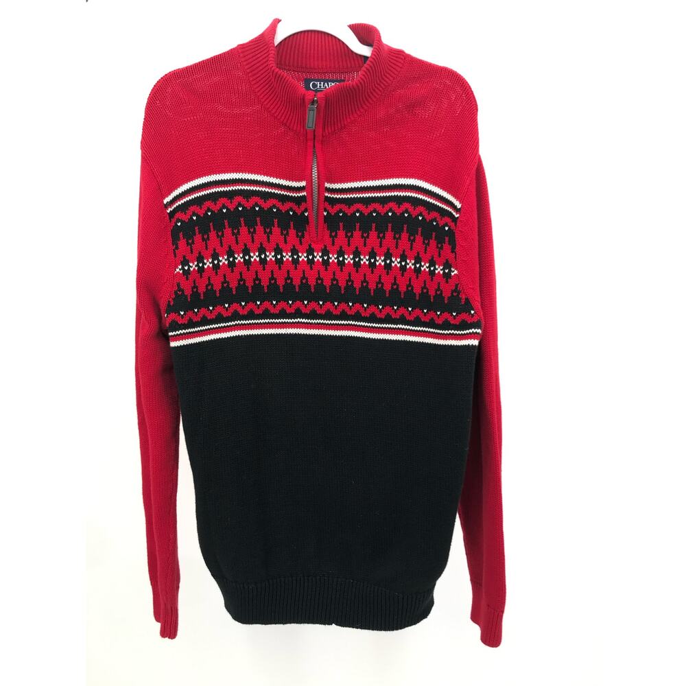 Chaps Red Black 1/4 Zip Mock Neck Holiday Sweater Mens L